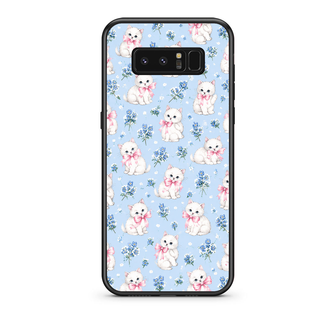 Θήκη Samsung Galaxy Note 8 White Kittens and Blue Flowers Small από τη Smartfits με σχέδιο στο πίσω μέρος και μαύρο περίβλημα | Samsung Galaxy Note 8 White Kittens and Blue Flowers Small case with colorful back and black bezels