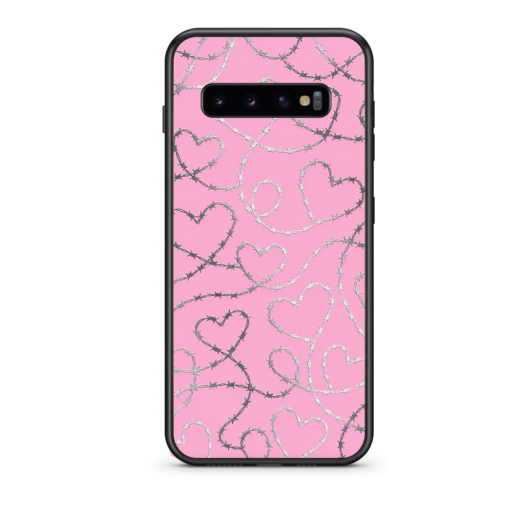 Θήκη Samsung Galaxy S10 Barbed Wire Hearts on Pink από τη Smartfits με σχέδιο στο πίσω μέρος και μαύρο περίβλημα | Samsung Galaxy S10 Barbed Wire Hearts on Pink case with colorful back and black bezels