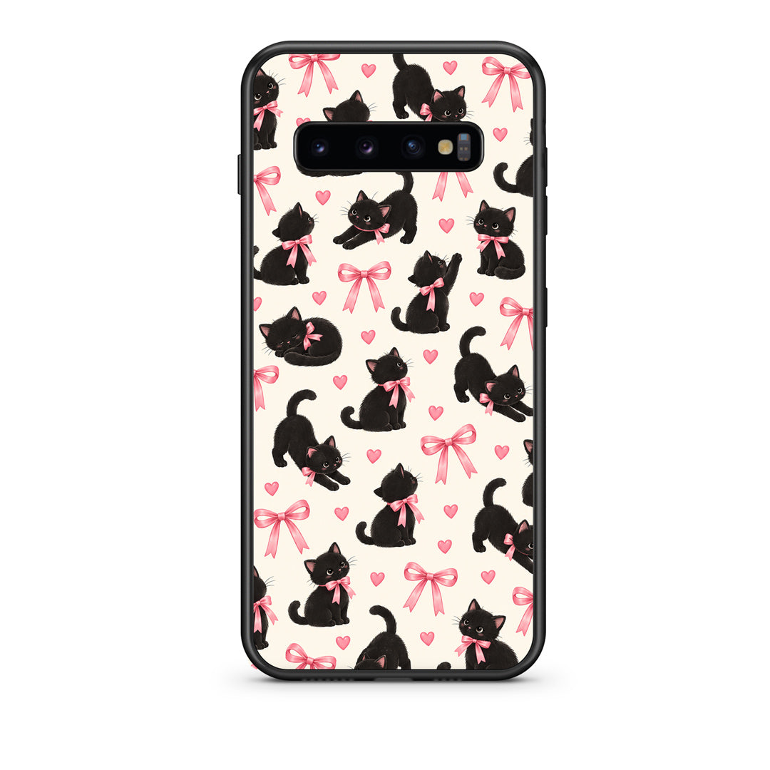 Θήκη Samsung Galaxy S10 Black Kittens and Pink Bows on Cream Small από τη Smartfits με σχέδιο στο πίσω μέρος και μαύρο περίβλημα | Samsung Galaxy S10 Black Kittens and Pink Bows on Cream Small case with colorful back and black bezels