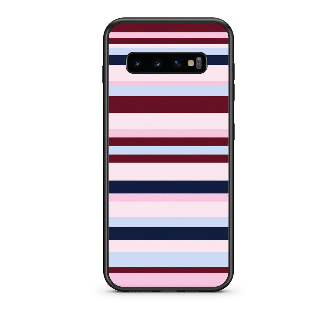 Θήκη Samsung Galaxy S10 Burgundy Pink and Blue Horizontal Stripes από τη Smartfits με σχέδιο στο πίσω μέρος και μαύρο περίβλημα | Samsung Galaxy S10 Burgundy Pink and Blue Horizontal Stripes case with colorful back and black bezels