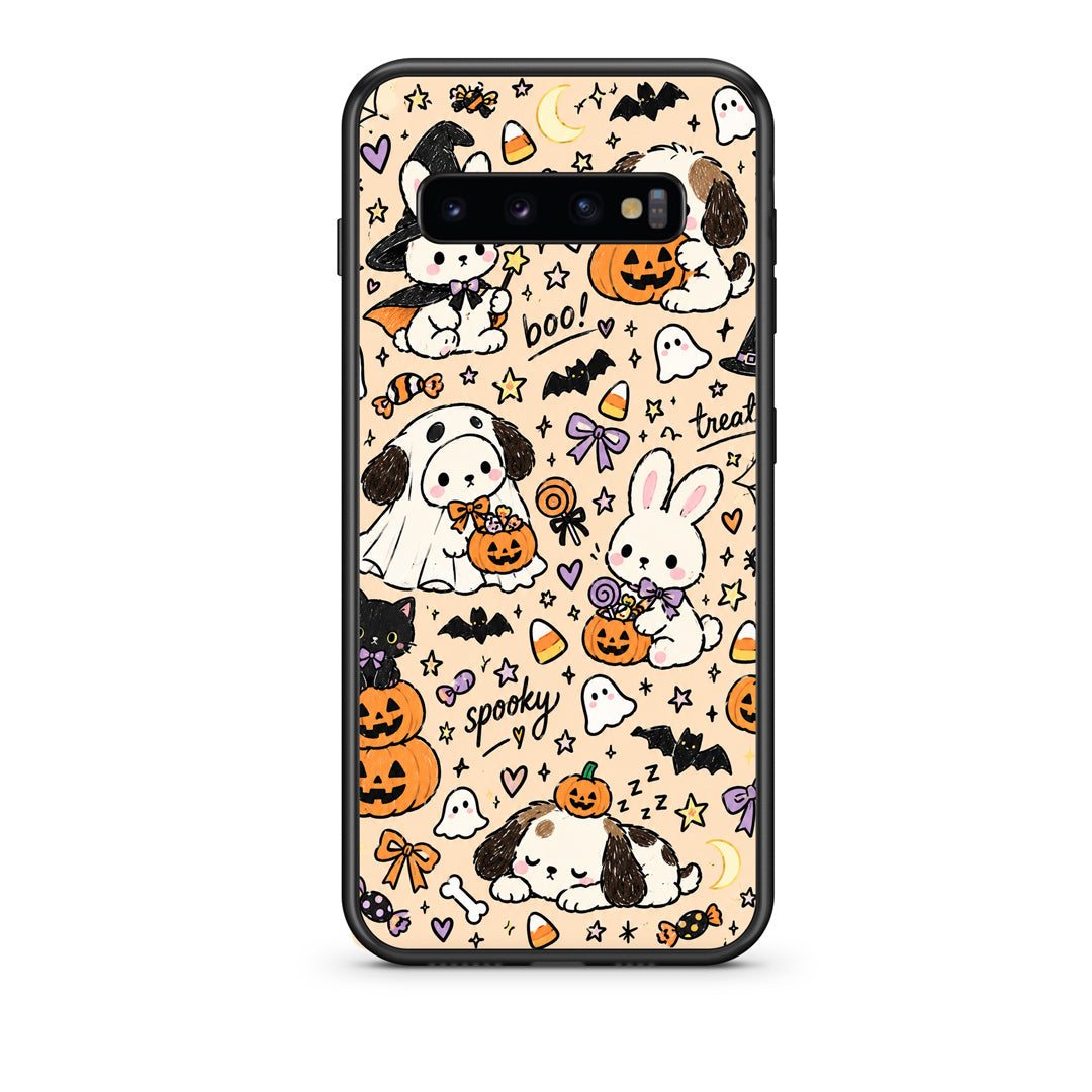 Θήκη Samsung Galaxy S10 Halloween Puppies and Friends on Cream από τη Smartfits με σχέδιο στο πίσω μέρος και μαύρο περίβλημα | Samsung Galaxy S10 Halloween Puppies and Friends on Cream case with colorful back and black bezels