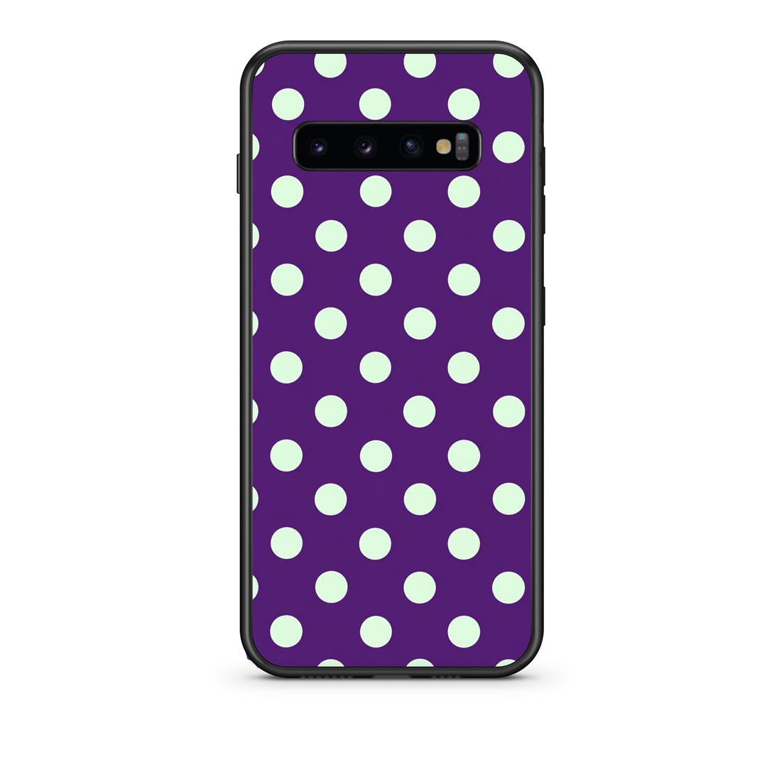 Θήκη Samsung Galaxy S10 Mint Polka Dots on Purple από τη Smartfits με σχέδιο στο πίσω μέρος και μαύρο περίβλημα | Samsung Galaxy S10 Mint Polka Dots on Purple case with colorful back and black bezels