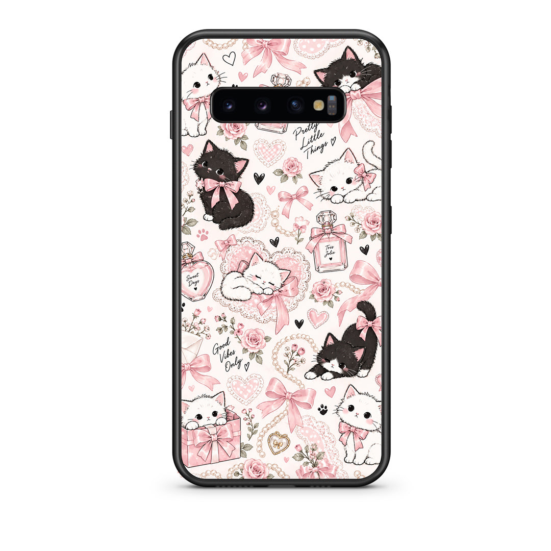Θήκη Samsung Galaxy S10 Pink Bows and Kittens Collage από τη Smartfits με σχέδιο στο πίσω μέρος και μαύρο περίβλημα | Samsung Galaxy S10 Pink Bows and Kittens Collage case with colorful back and black bezels