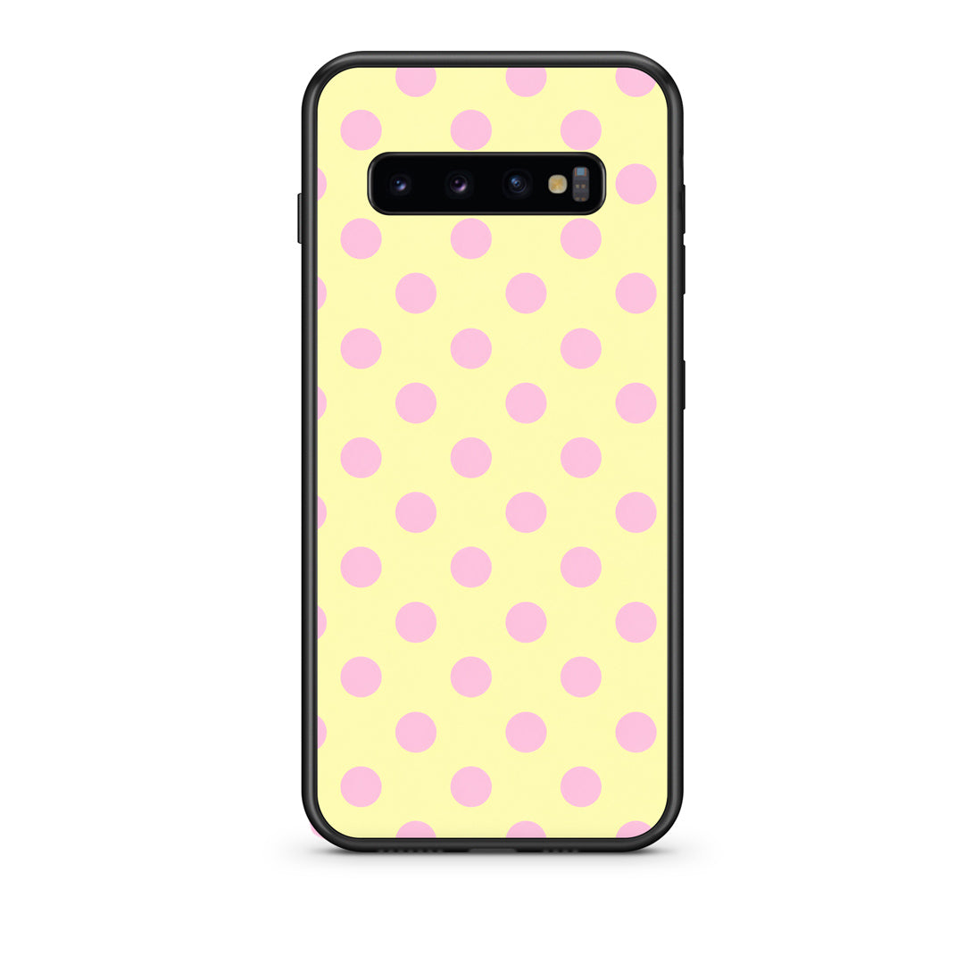 Θήκη Samsung Galaxy S10 Pink Polka Dots on Yellow από τη Smartfits με σχέδιο στο πίσω μέρος και μαύρο περίβλημα | Samsung Galaxy S10 Pink Polka Dots on Yellow case with colorful back and black bezels