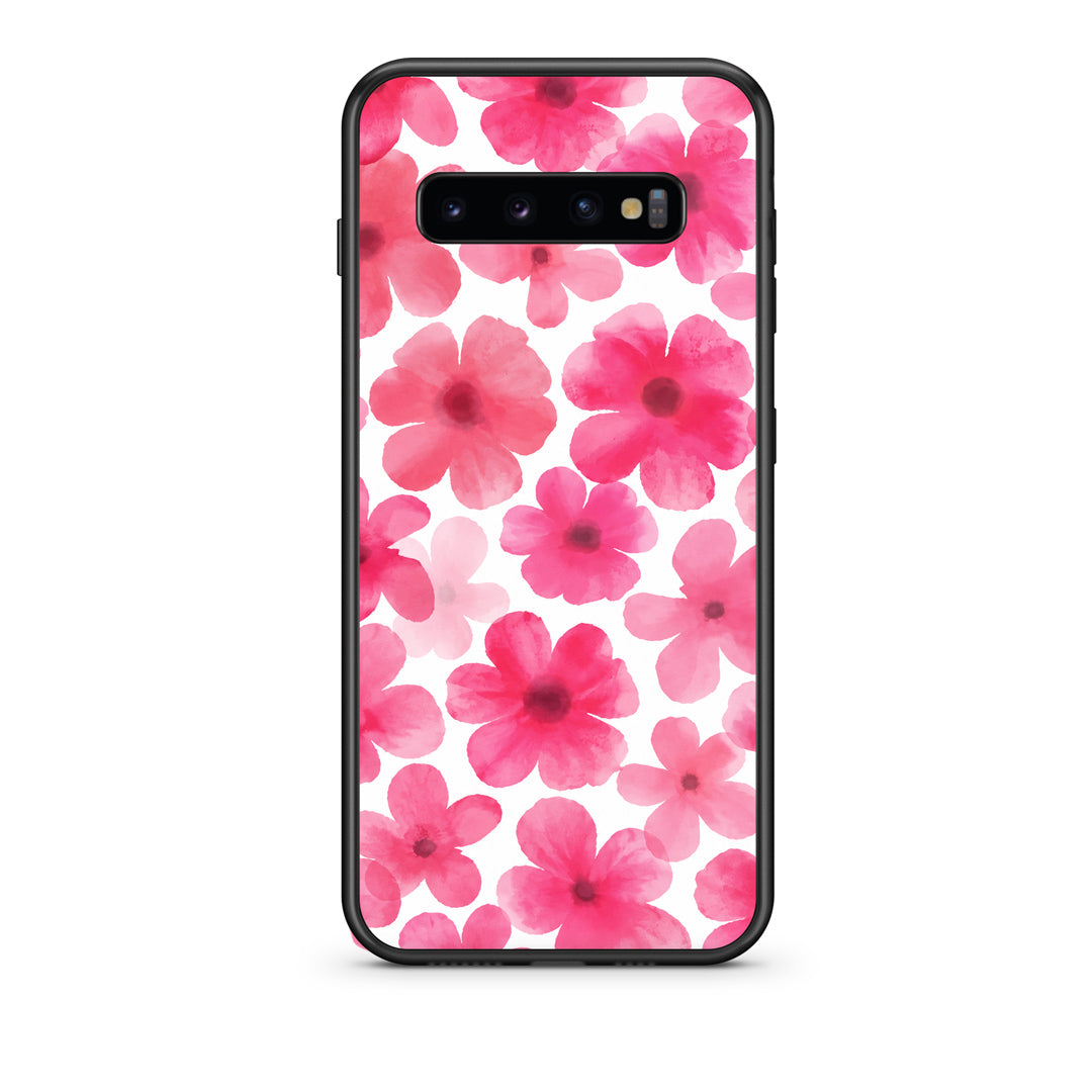 Θήκη Samsung Galaxy S10 Pink Watercolour Flowers on White από τη Smartfits με σχέδιο στο πίσω μέρος και μαύρο περίβλημα | Samsung Galaxy S10 Pink Watercolour Flowers on White case with colorful back and black bezels