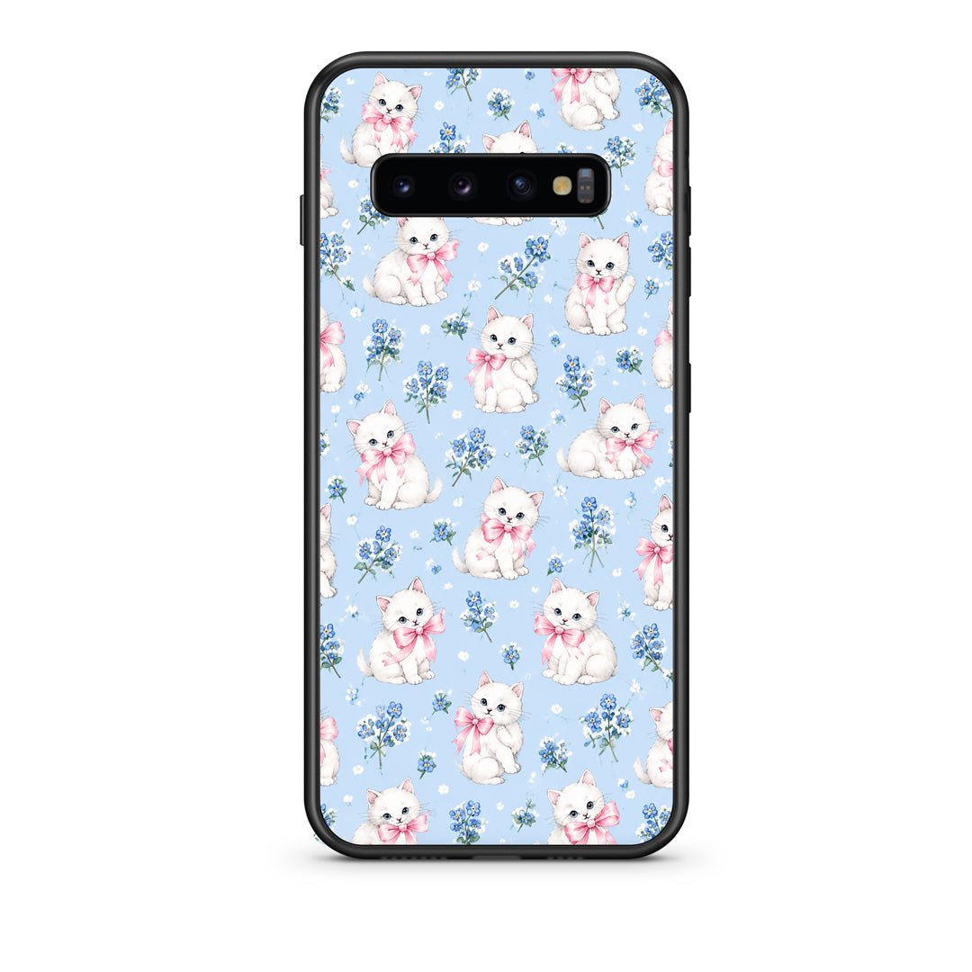 Θήκη Samsung Galaxy S10+ White Kittens and Blue Flowers Small από τη Smartfits με σχέδιο στο πίσω μέρος και μαύρο περίβλημα | Samsung Galaxy S10+ White Kittens and Blue Flowers Small case with colorful back and black bezels