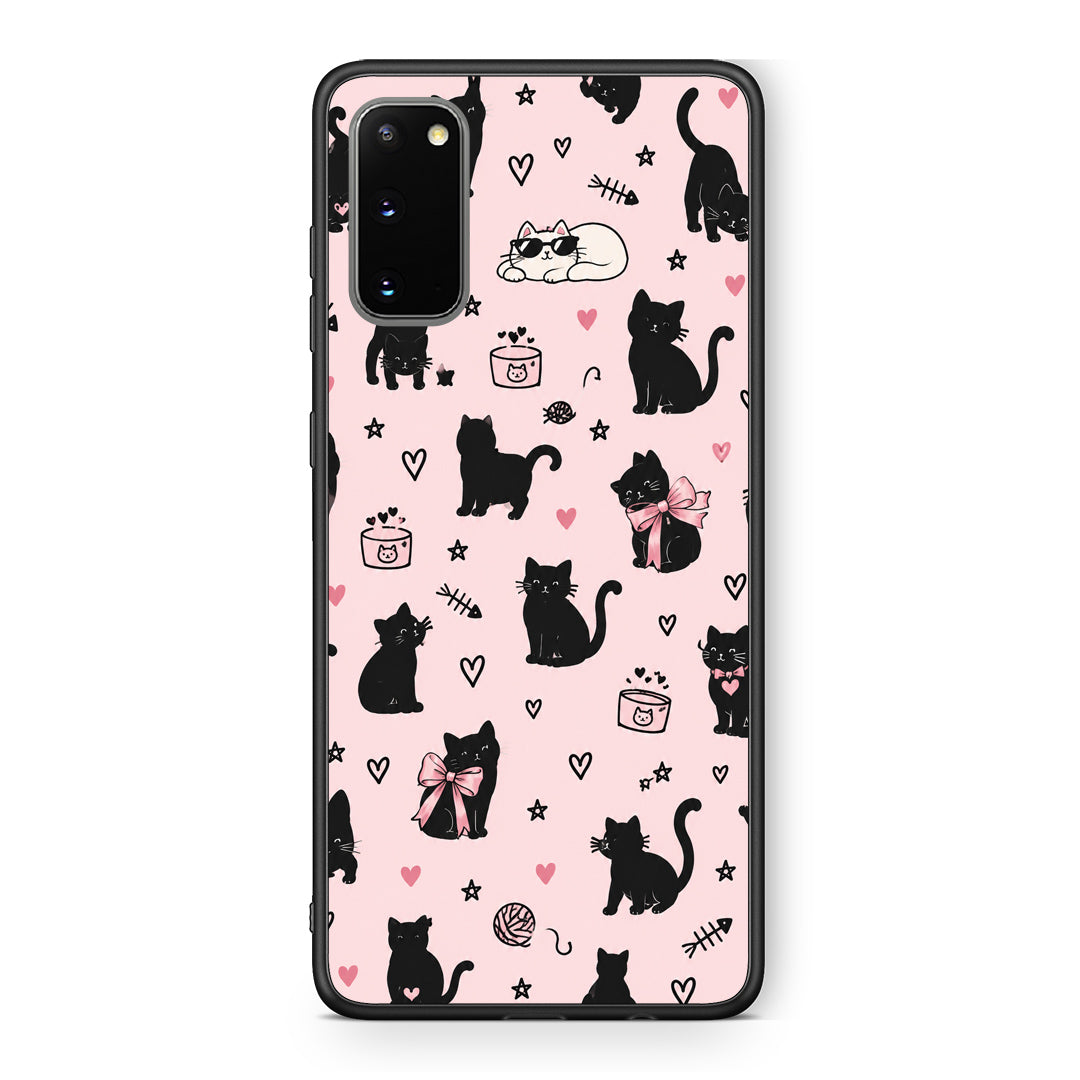 Θήκη Samsung Galaxy S20 Black Cat Doodles on Pink από τη Smartfits με σχέδιο στο πίσω μέρος και μαύρο περίβλημα | Samsung Galaxy S20 Black Cat Doodles on Pink case with colorful back and black bezels