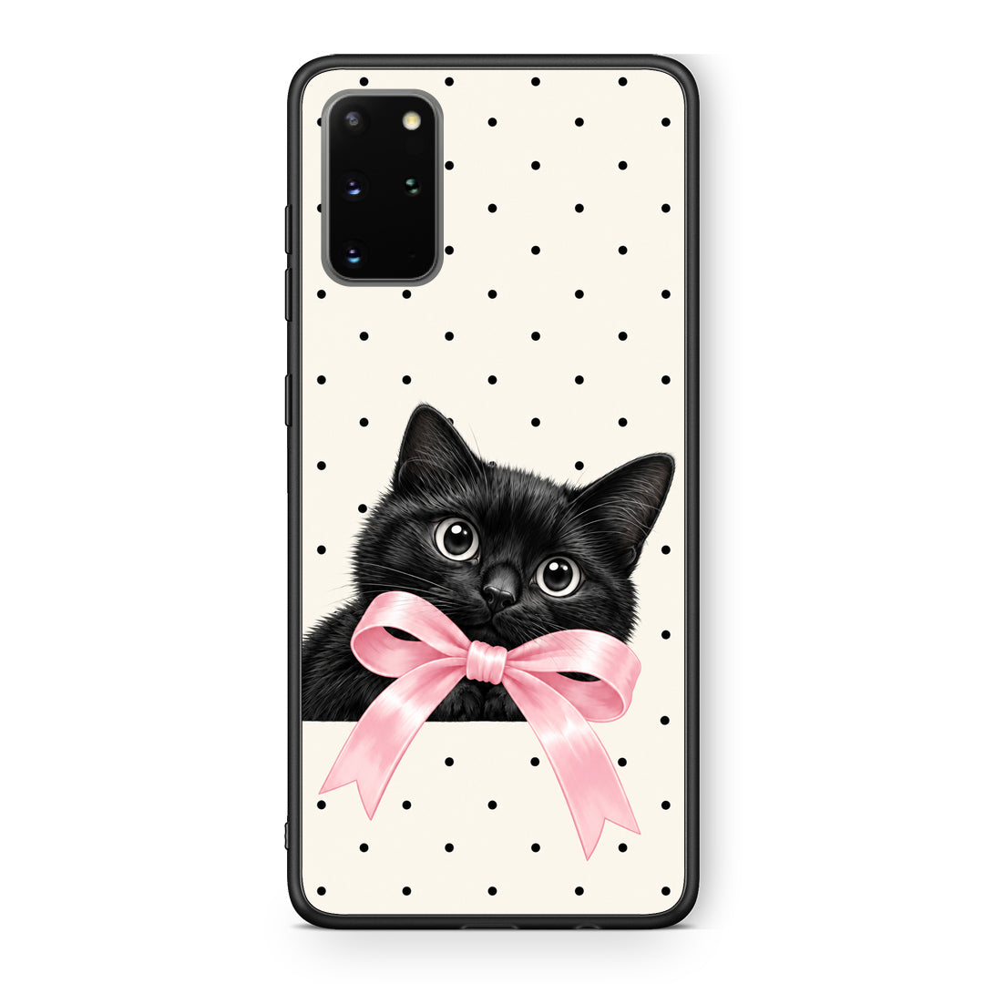 Θήκη Samsung Galaxy S20+ Black Kitten Pink Bow and Polka Dots από τη Smartfits με σχέδιο στο πίσω μέρος και μαύρο περίβλημα | Samsung Galaxy S20+ Black Kitten Pink Bow and Polka Dots case with colorful back and black bezels
