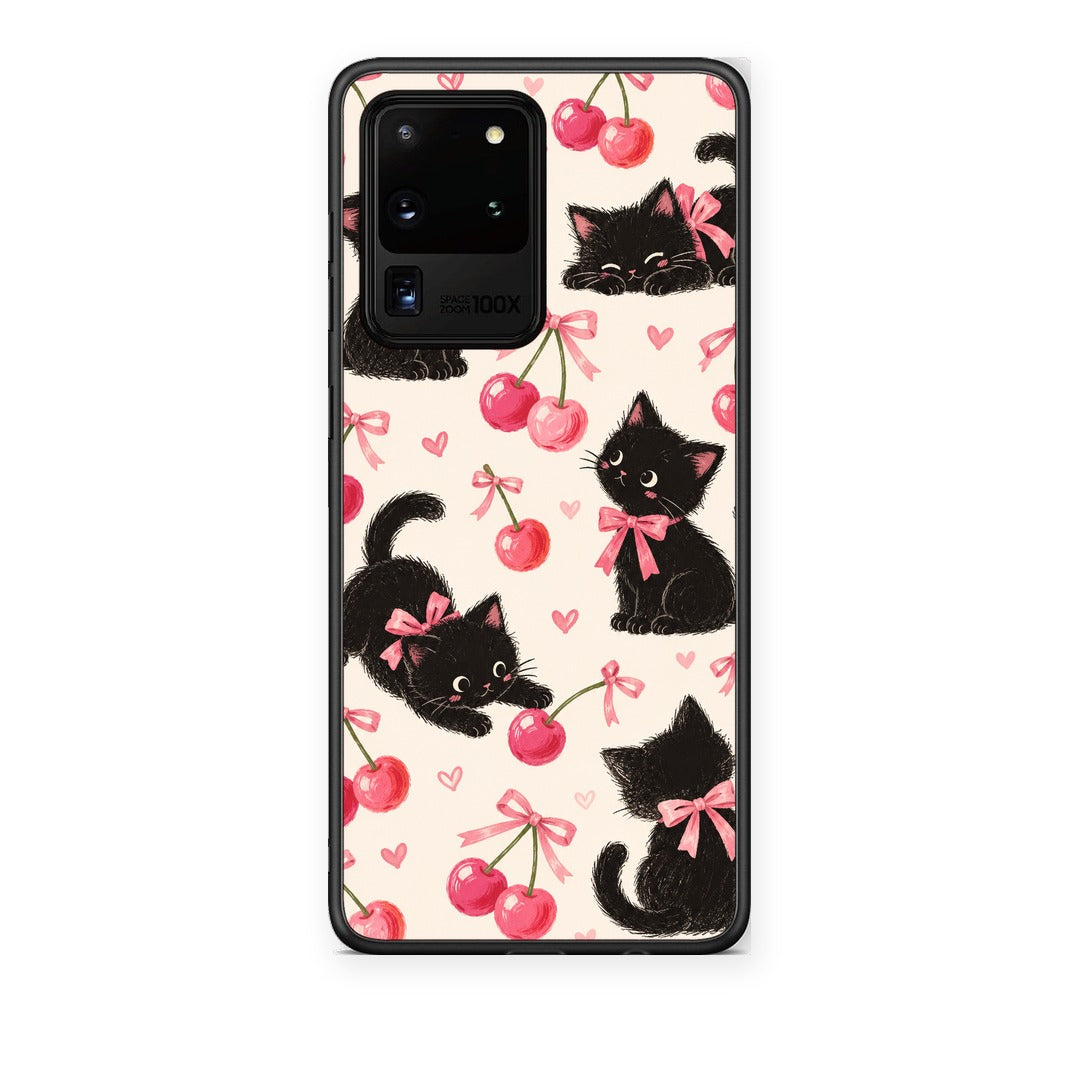 Θήκη Samsung Galaxy S20 Ultra Black Kittens and Cherries on Cream από τη Smartfits με σχέδιο στο πίσω μέρος και μαύρο περίβλημα | Samsung Galaxy S20 Ultra Black Kittens and Cherries on Cream case with colorful back and black bezels