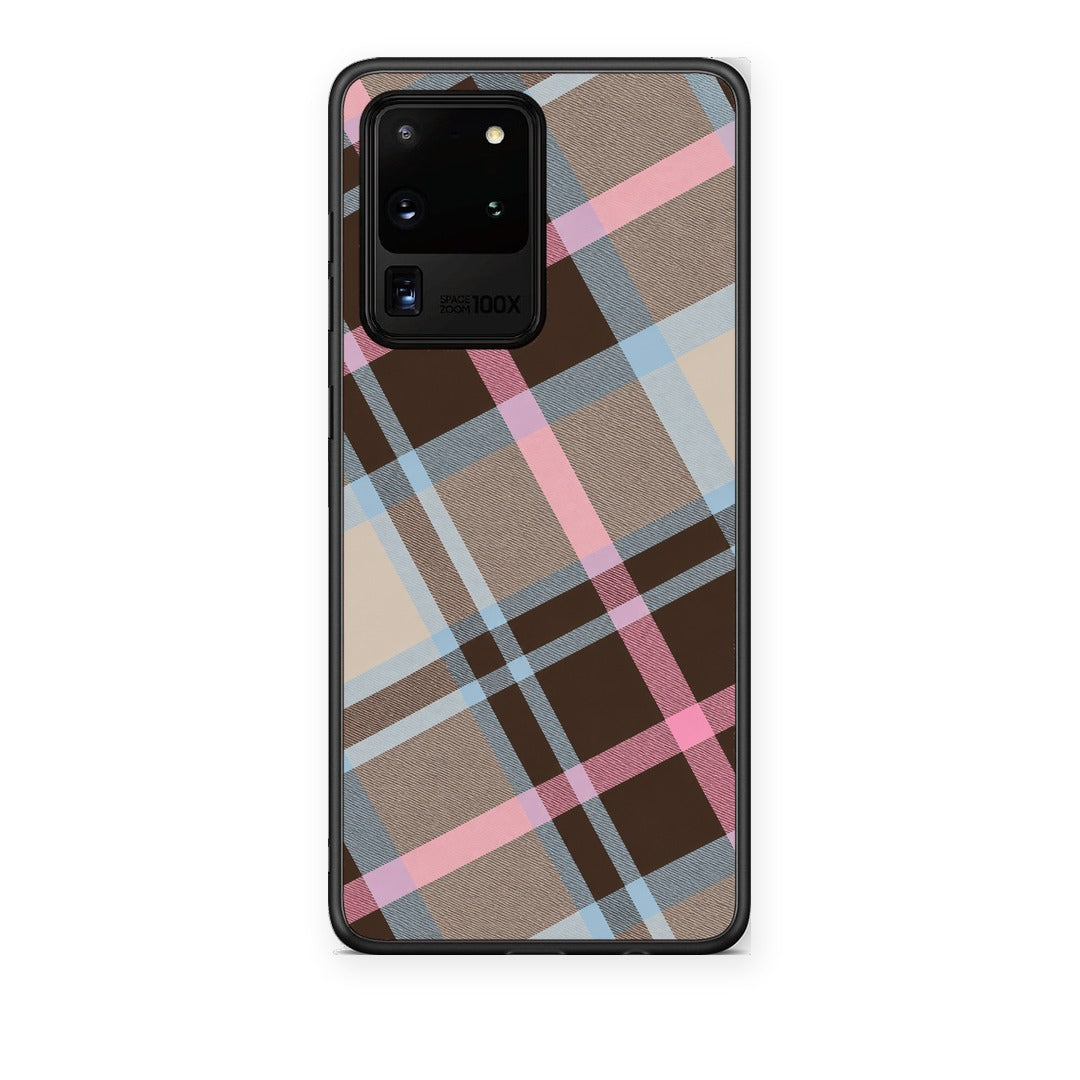 Θήκη Samsung Galaxy S20 Ultra Brown Pink and Blue Diagonal Plaid από τη Smartfits με σχέδιο στο πίσω μέρος και μαύρο περίβλημα | Samsung Galaxy S20 Ultra Brown Pink and Blue Diagonal Plaid case with colorful back and black bezels