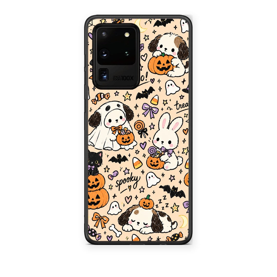 Θήκη Samsung Galaxy S20 Ultra Halloween Puppies and Friends on Cream από τη Smartfits με σχέδιο στο πίσω μέρος και μαύρο περίβλημα | Samsung Galaxy S20 Ultra Halloween Puppies and Friends on Cream case with colorful back and black bezels