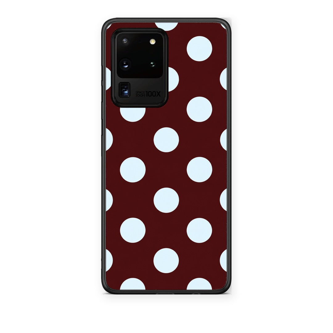 Θήκη Samsung Galaxy S20 Ultra Pale Blue Large Polka Dots on Burgundy από τη Smartfits με σχέδιο στο πίσω μέρος και μαύρο περίβλημα | Samsung Galaxy S20 Ultra Pale Blue Large Polka Dots on Burgundy case with colorful back and black bezels
