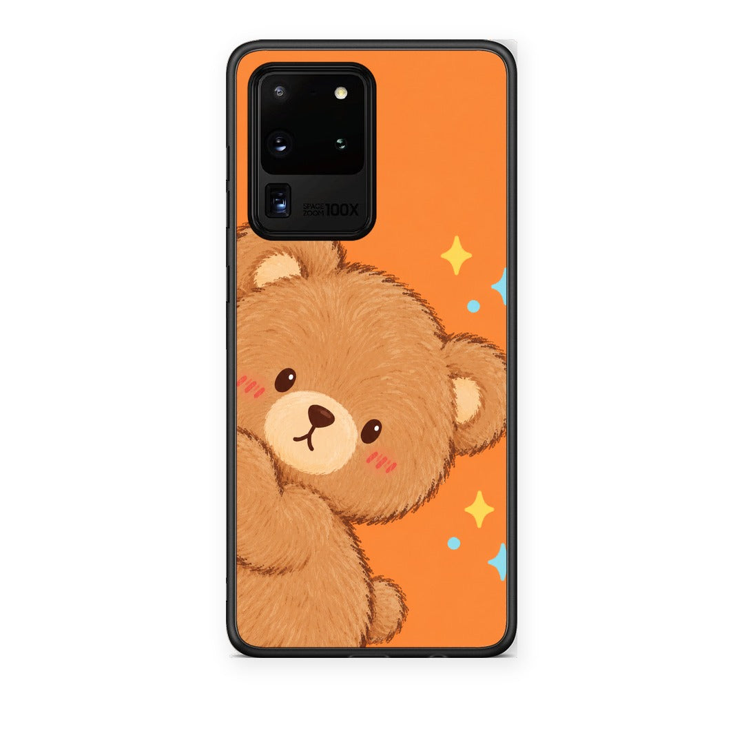 Θήκη Samsung Galaxy S20 Ultra Peekaboo Teddy on Orange από τη Smartfits με σχέδιο στο πίσω μέρος και μαύρο περίβλημα | Samsung Galaxy S20 Ultra Peekaboo Teddy on Orange case with colorful back and black bezels