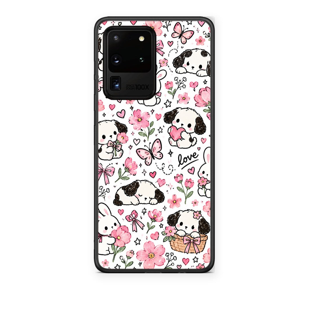 Θήκη Samsung Galaxy S20 Ultra Pink Florals Puppies and Bunnies on White από τη Smartfits με σχέδιο στο πίσω μέρος και μαύρο περίβλημα | Samsung Galaxy S20 Ultra Pink Florals Puppies and Bunnies on White case with colorful back and black bezels