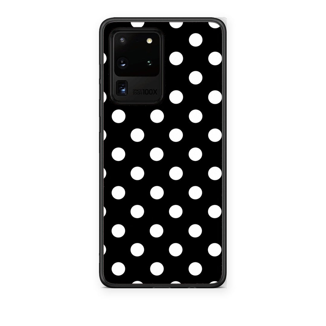 Θήκη Samsung Galaxy S20 Ultra White Polka Dots on Black από τη Smartfits με σχέδιο στο πίσω μέρος και μαύρο περίβλημα | Samsung Galaxy S20 Ultra White Polka Dots on Black case with colorful back and black bezels