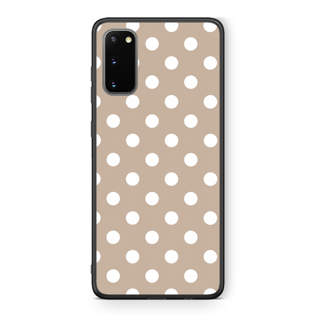 Θήκη Samsung Galaxy S20 White Polka Dots on Taupe από τη Smartfits με σχέδιο στο πίσω μέρος και μαύρο περίβλημα | Samsung Galaxy S20 White Polka Dots on Taupe case with colorful back and black bezels