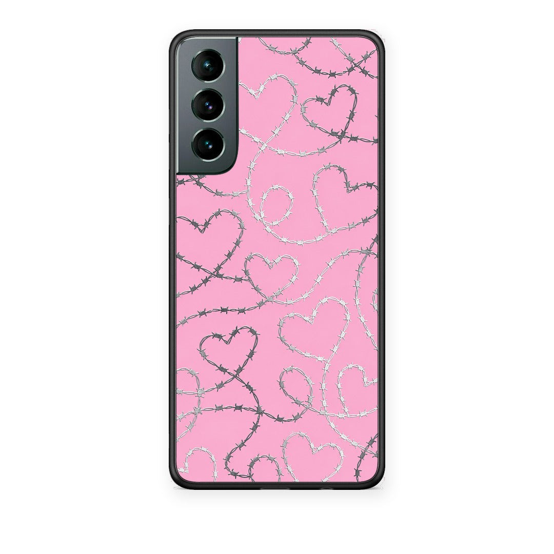 Θήκη Samsung Galaxy S21 Barbed Wire Hearts on Pink από τη Smartfits με σχέδιο στο πίσω μέρος και μαύρο περίβλημα | Samsung Galaxy S21 Barbed Wire Hearts on Pink case with colorful back and black bezels