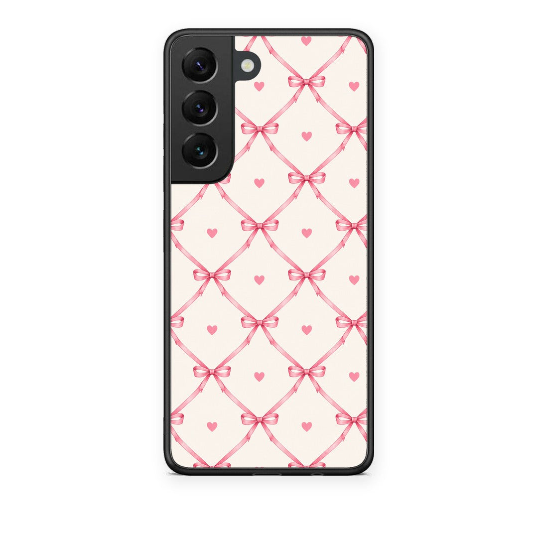 Θήκη Samsung Galaxy S22 Pink Bow Lattice and Hearts on Cream από τη Smartfits με σχέδιο στο πίσω μέρος και μαύρο περίβλημα | Samsung Galaxy S22 Pink Bow Lattice and Hearts on Cream case with colorful back and black bezels