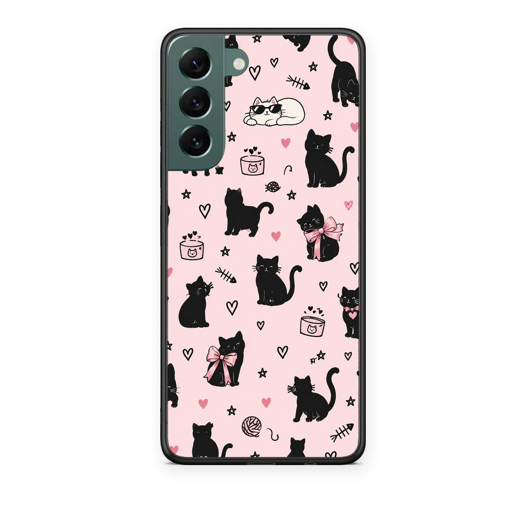 Θήκη Samsung Galaxy S22 Plus Black Cat Doodles on Pink από τη Smartfits με σχέδιο στο πίσω μέρος και μαύρο περίβλημα | Samsung Galaxy S22 Plus Black Cat Doodles on Pink case with colorful back and black bezels