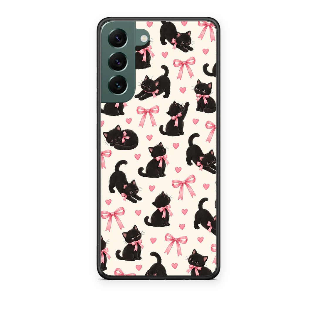 Θήκη Samsung Galaxy S22 Plus Black Kittens and Pink Bows on Cream Small από τη Smartfits με σχέδιο στο πίσω μέρος και μαύρο περίβλημα | Samsung Galaxy S22 Plus Black Kittens and Pink Bows on Cream Small case with colorful back and black bezels