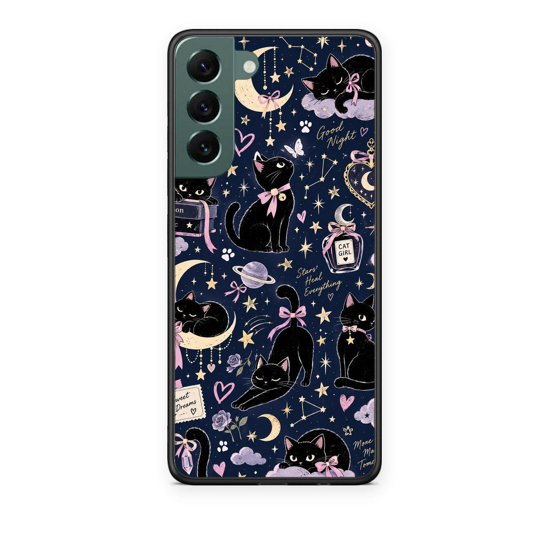 Θήκη Samsung Galaxy S22 Plus Celestial Black Cats on Navy από τη Smartfits με σχέδιο στο πίσω μέρος και μαύρο περίβλημα | Samsung Galaxy S22 Plus Celestial Black Cats on Navy case with colorful back and black bezels