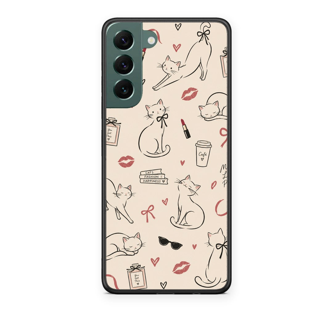 Θήκη Samsung Galaxy S22 Plus Minimal Cat and Fashion Doodles on Cream από τη Smartfits με σχέδιο στο πίσω μέρος και μαύρο περίβλημα | Samsung Galaxy S22 Plus Minimal Cat and Fashion Doodles on Cream case with colorful back and black bezels