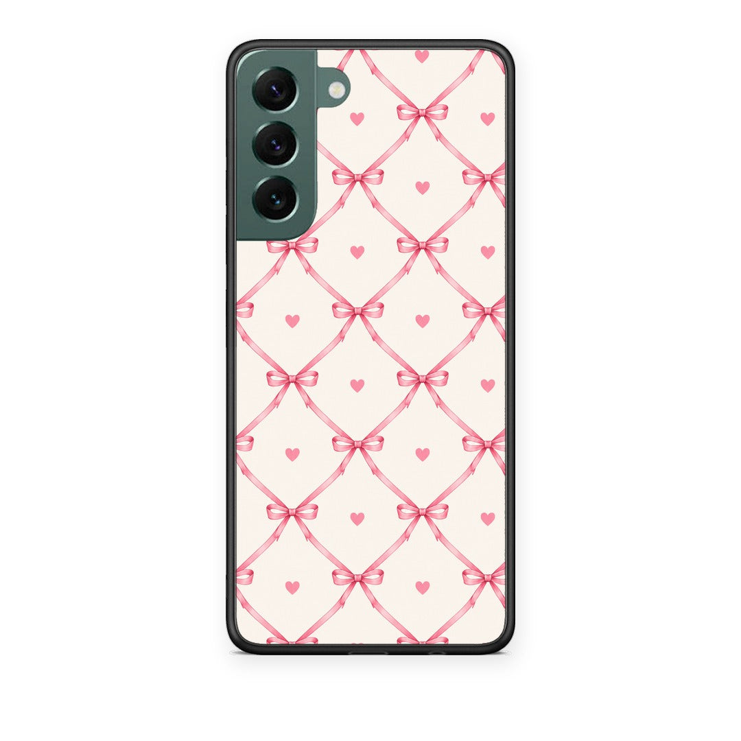 Θήκη Samsung Galaxy S22 Plus Pink Bow Lattice and Hearts on Cream από τη Smartfits με σχέδιο στο πίσω μέρος και μαύρο περίβλημα | Samsung Galaxy S22 Plus Pink Bow Lattice and Hearts on Cream case with colorful back and black bezels