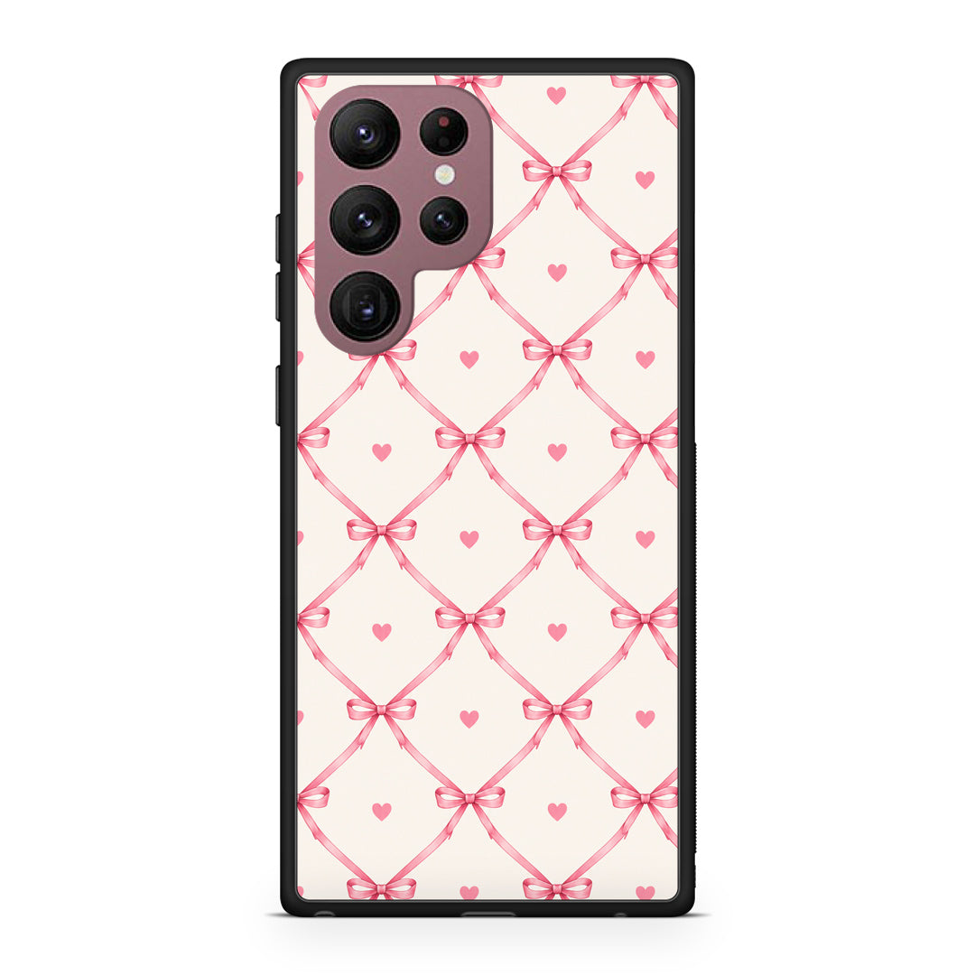 Θήκη Samsung Galaxy S22 Ultra Pink Bow Lattice and Hearts on Cream από τη Smartfits με σχέδιο στο πίσω μέρος και μαύρο περίβλημα | Samsung Galaxy S22 Ultra Pink Bow Lattice and Hearts on Cream case with colorful back and black bezels