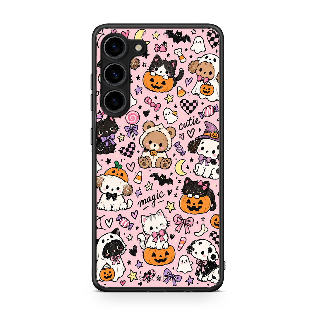 Θήκη Samsung Galaxy S23 Plus Halloween Cute Animals on Pink από τη Smartfits με σχέδιο στο πίσω μέρος και μαύρο περίβλημα | Samsung Galaxy S23 Plus Halloween Cute Animals on Pink case with colorful back and black bezels