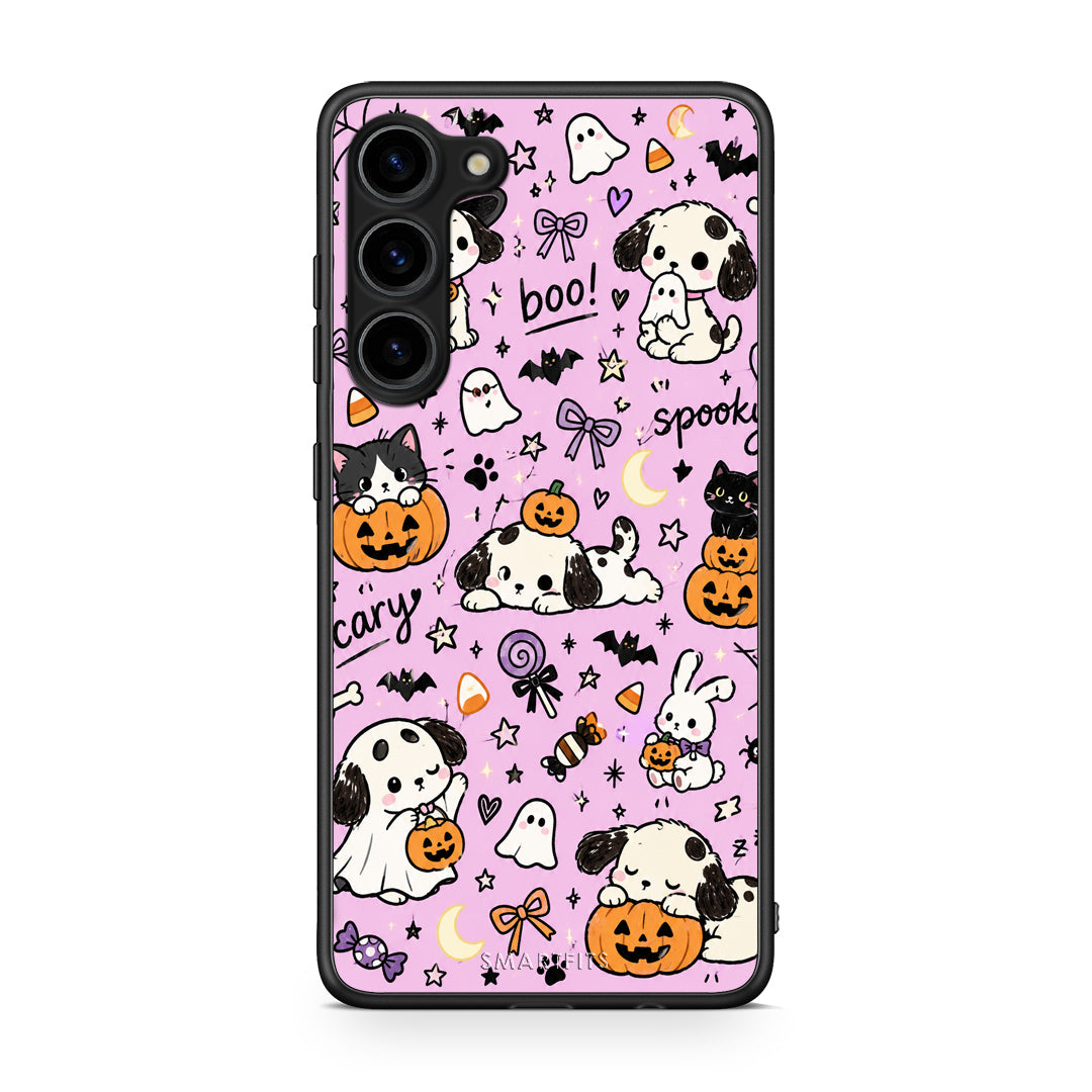 Θήκη Samsung Galaxy S23 Plus Halloween Puppies and Friends on Lilac από τη Smartfits με σχέδιο στο πίσω μέρος και μαύρο περίβλημα | Samsung Galaxy S23 Plus Halloween Puppies and Friends on Lilac case with colorful back and black bezels