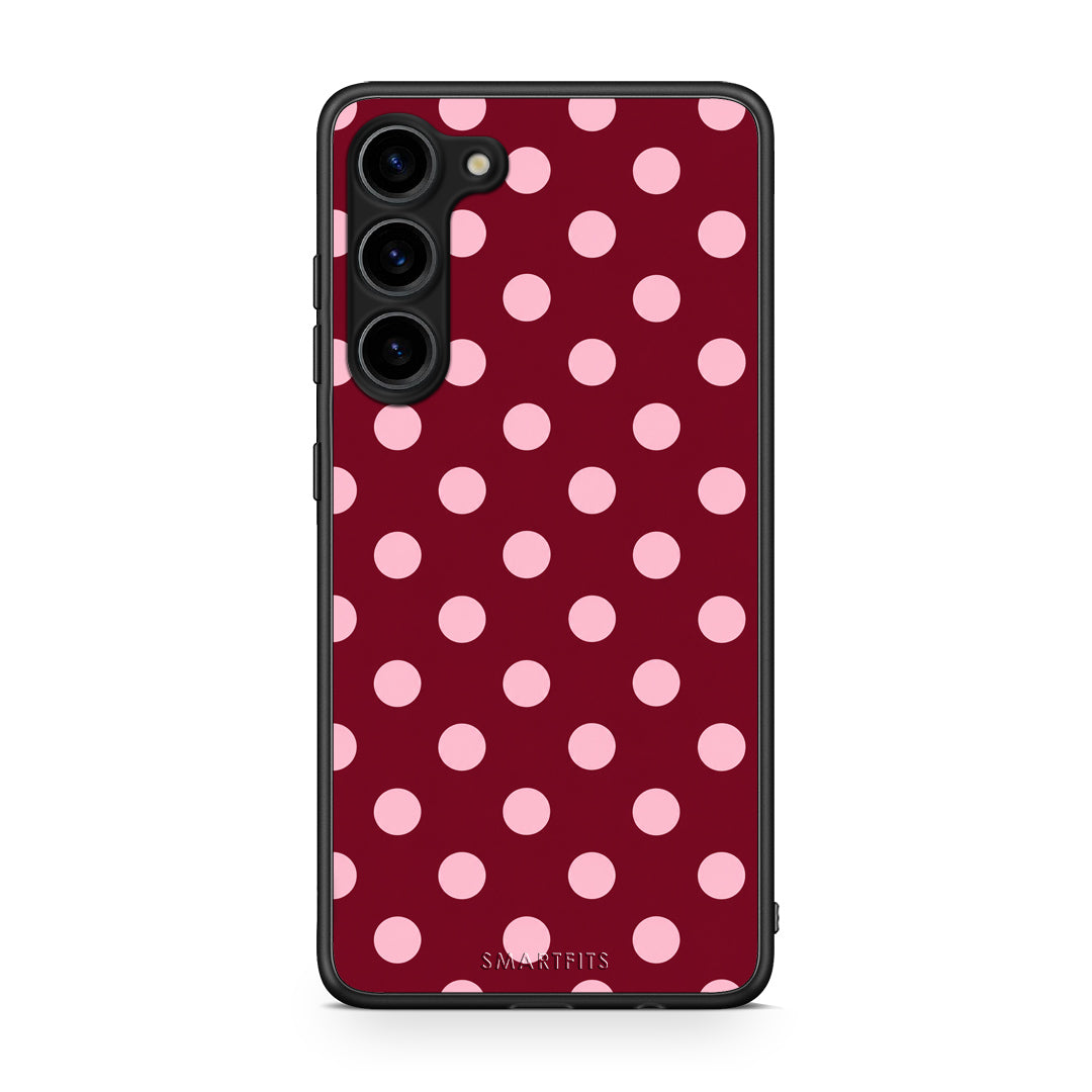 Θήκη Samsung Galaxy S23 Plus Pink Polka Dots on Burgundy από τη Smartfits με σχέδιο στο πίσω μέρος και μαύρο περίβλημα | Samsung Galaxy S23 Plus Pink Polka Dots on Burgundy case with colorful back and black bezels
