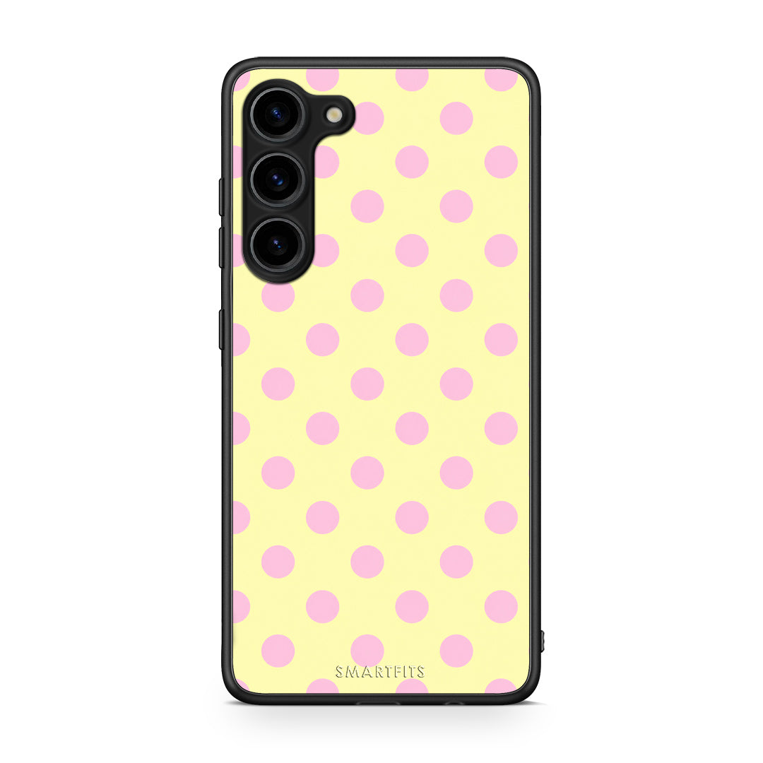 Θήκη Samsung Galaxy S23 Plus Pink Polka Dots on Yellow από τη Smartfits με σχέδιο στο πίσω μέρος και μαύρο περίβλημα | Samsung Galaxy S23 Plus Pink Polka Dots on Yellow case with colorful back and black bezels