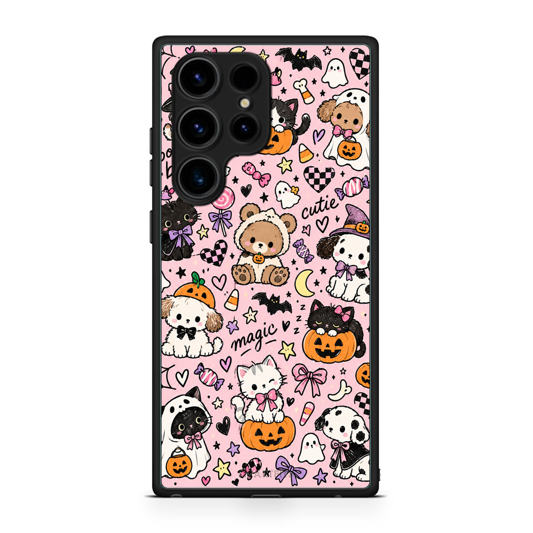 Θήκη Samsung Galaxy S23 Ultra Halloween Cute Animals on Pink από τη Smartfits με σχέδιο στο πίσω μέρος και μαύρο περίβλημα | Samsung Galaxy S23 Ultra Halloween Cute Animals on Pink case with colorful back and black bezels