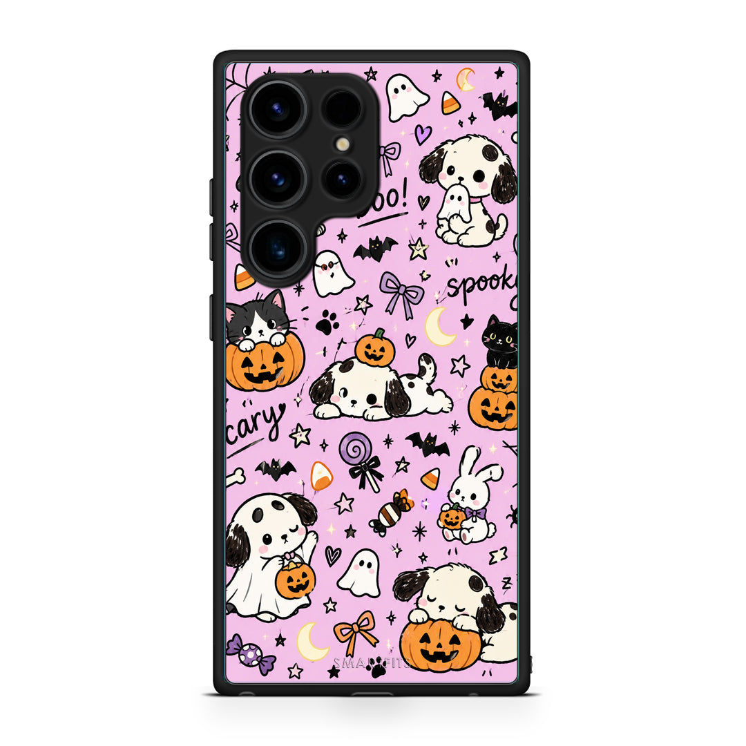 Θήκη Samsung Galaxy S23 Ultra Halloween Puppies and Friends on Lilac από τη Smartfits με σχέδιο στο πίσω μέρος και μαύρο περίβλημα | Samsung Galaxy S23 Ultra Halloween Puppies and Friends on Lilac case with colorful back and black bezels