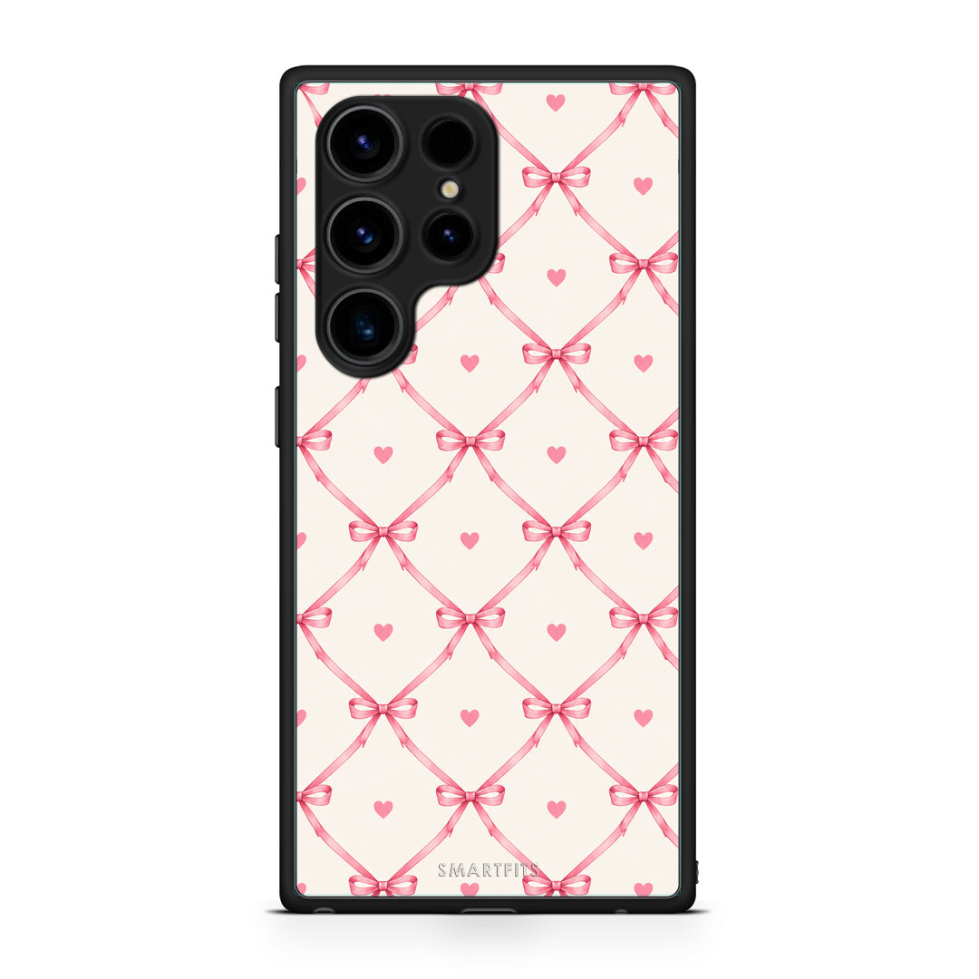 Θήκη Samsung Galaxy S23 Ultra Pink Bow Lattice and Hearts on Cream από τη Smartfits με σχέδιο στο πίσω μέρος και μαύρο περίβλημα | Samsung Galaxy S23 Ultra Pink Bow Lattice and Hearts on Cream case with colorful back and black bezels