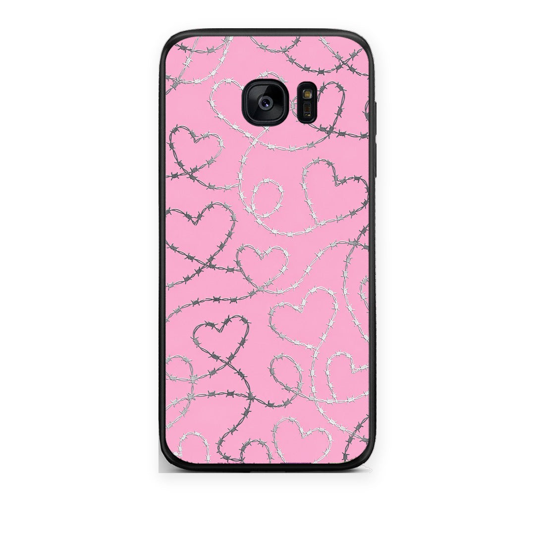 Θήκη Samsung Galaxy S7 Barbed Wire Hearts on Pink από τη Smartfits με σχέδιο στο πίσω μέρος και μαύρο περίβλημα | Samsung Galaxy S7 Barbed Wire Hearts on Pink case with colorful back and black bezels