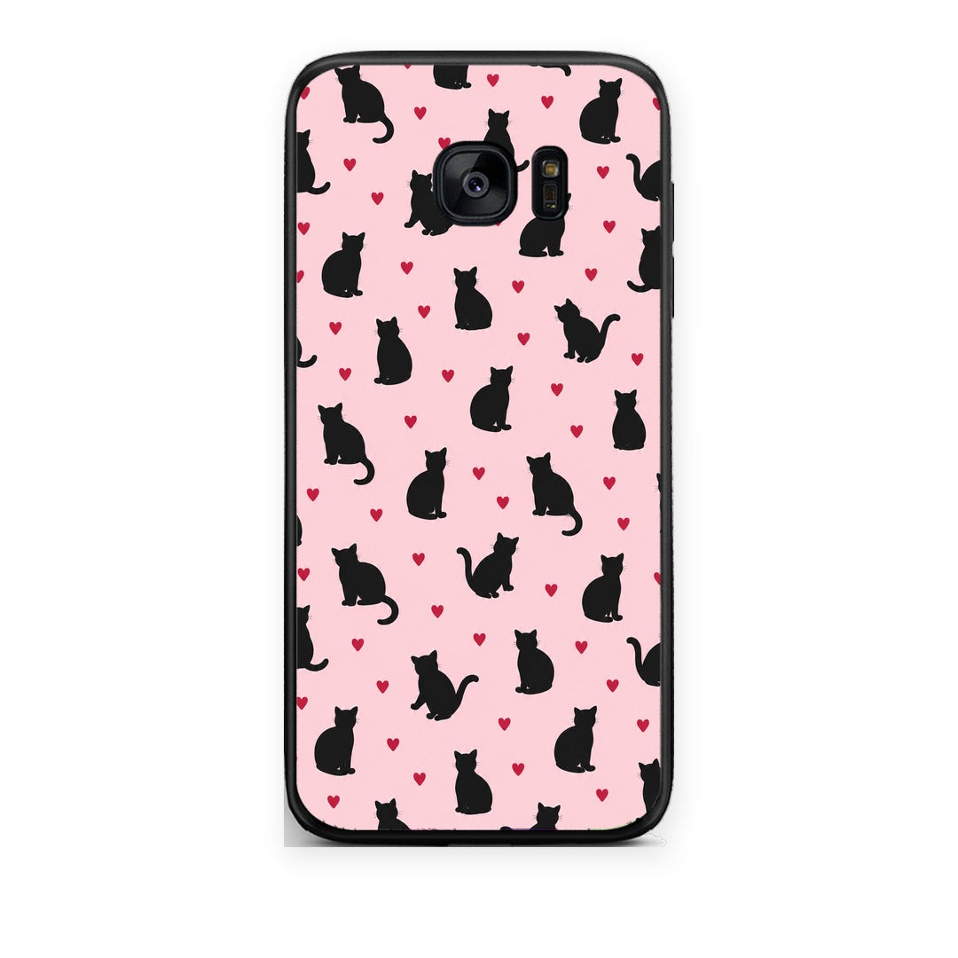 Θήκη Samsung Galaxy S7 Black Cat Silhouettes and Hearts on Pink από τη Smartfits με σχέδιο στο πίσω μέρος και μαύρο περίβλημα | Samsung Galaxy S7 Black Cat Silhouettes and Hearts on Pink case with colorful back and black bezels