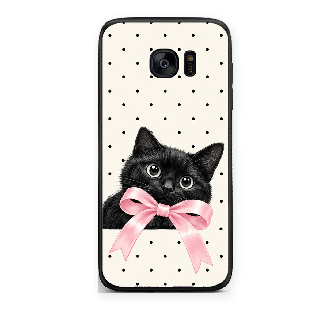 Θήκη Samsung Galaxy S7 Black Kitten Pink Bow and Polka Dots από τη Smartfits με σχέδιο στο πίσω μέρος και μαύρο περίβλημα | Samsung Galaxy S7 Black Kitten Pink Bow and Polka Dots case with colorful back and black bezels