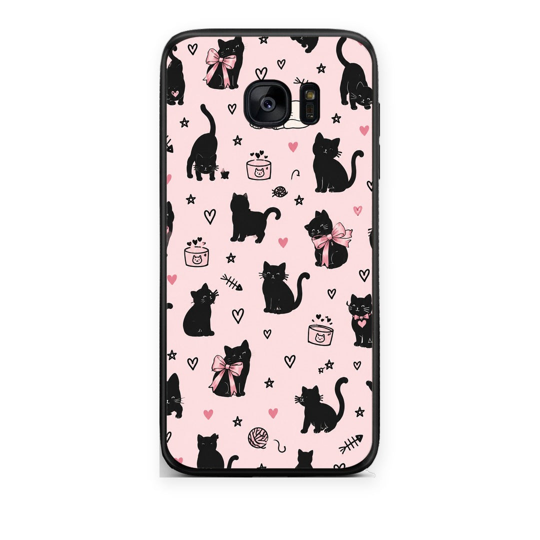 Θήκη Samsung Galaxy S7 Edge Black Cat Doodles on Pink από τη Smartfits με σχέδιο στο πίσω μέρος και μαύρο περίβλημα | Samsung Galaxy S7 Edge Black Cat Doodles on Pink case with colorful back and black bezels