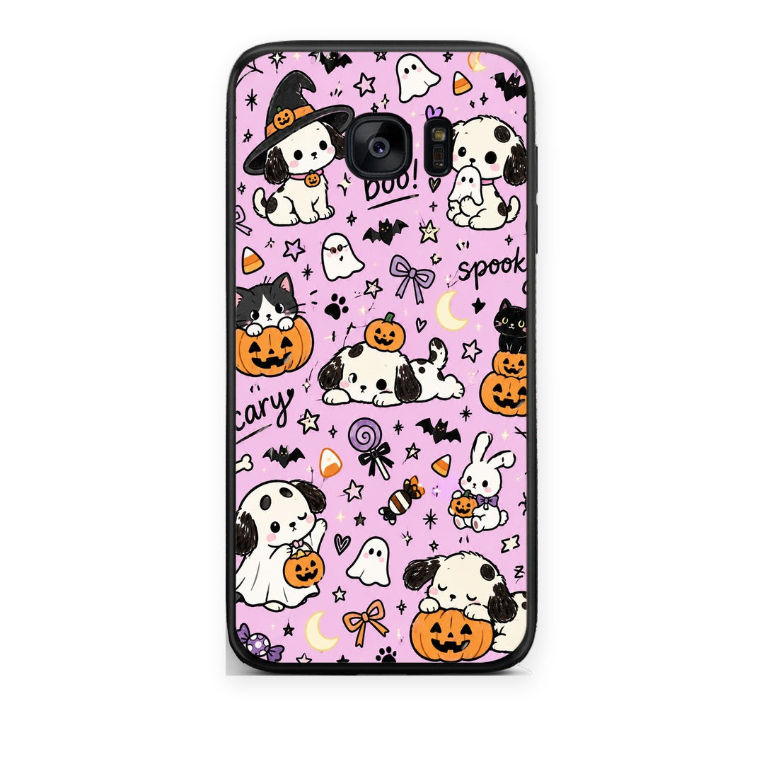 Θήκη Samsung Galaxy S7 Edge Halloween Puppies and Friends on Lilac από τη Smartfits με σχέδιο στο πίσω μέρος και μαύρο περίβλημα | Samsung Galaxy S7 Edge Halloween Puppies and Friends on Lilac case with colorful back and black bezels
