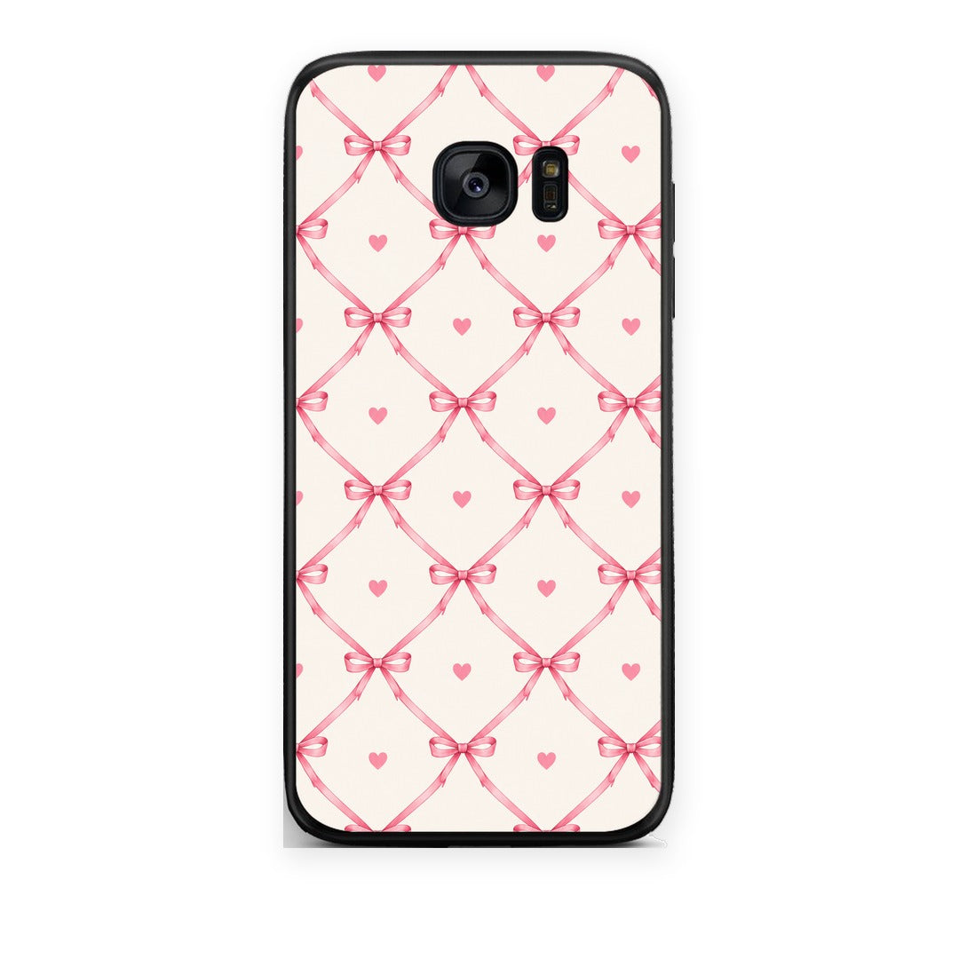 Θήκη Samsung Galaxy S7 Edge Pink Bow Lattice and Hearts on Cream από τη Smartfits με σχέδιο στο πίσω μέρος και μαύρο περίβλημα | Samsung Galaxy S7 Edge Pink Bow Lattice and Hearts on Cream case with colorful back and black bezels