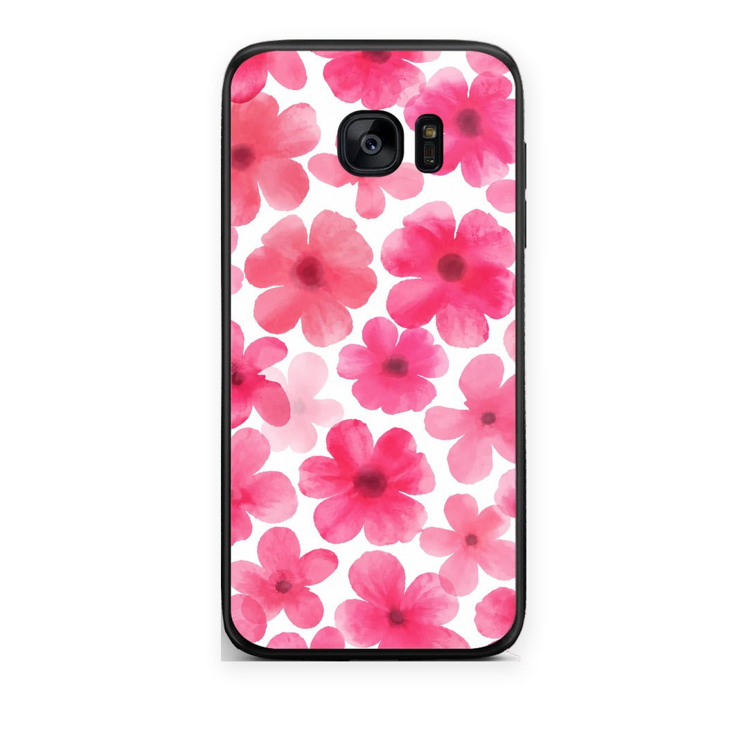 Θήκη Samsung Galaxy S7 Edge Pink Watercolour Flowers on White από τη Smartfits με σχέδιο στο πίσω μέρος και μαύρο περίβλημα | Samsung Galaxy S7 Edge Pink Watercolour Flowers on White case with colorful back and black bezels
