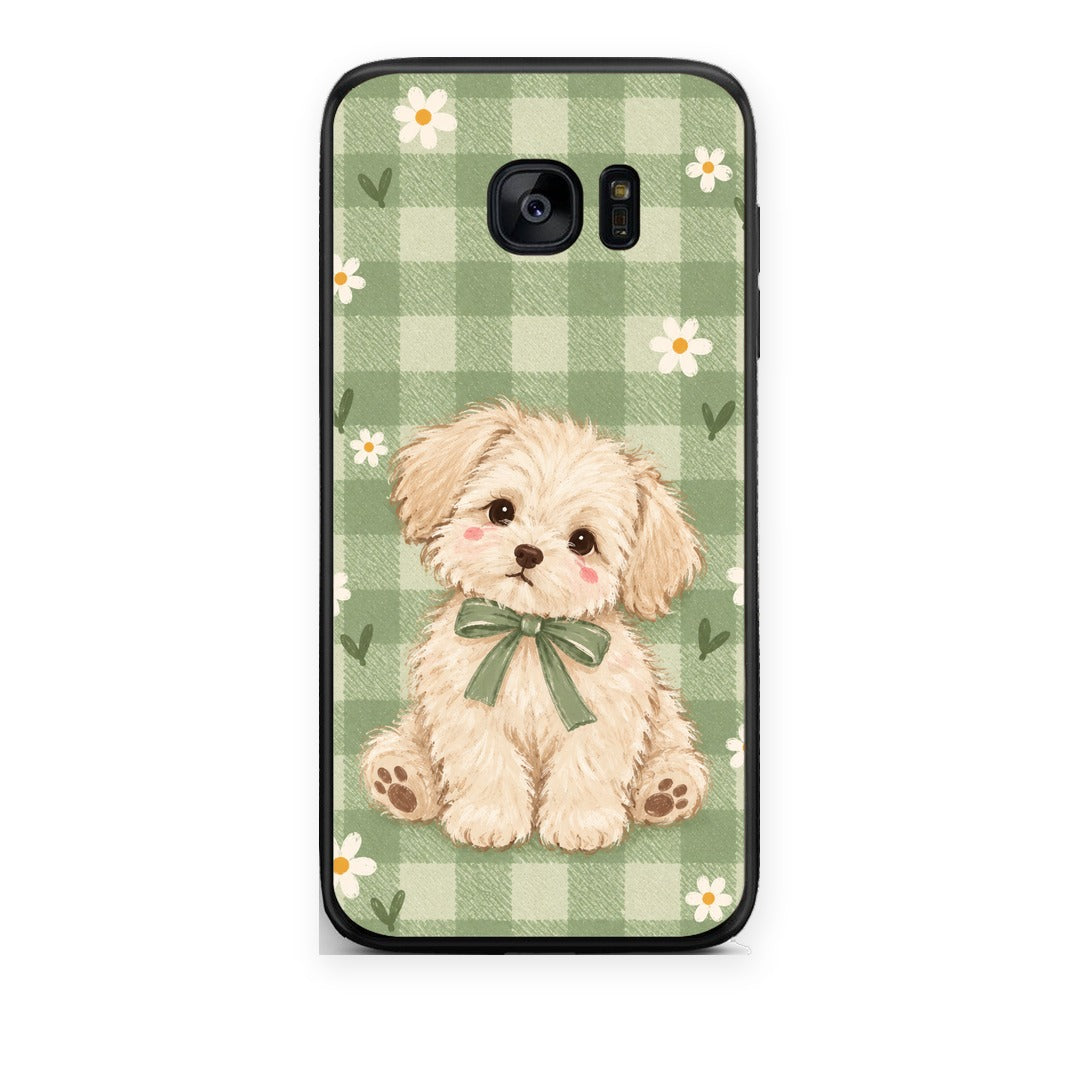Θήκη Samsung Galaxy S7 Edge Puppy and Daisies on Sage Gingham από τη Smartfits με σχέδιο στο πίσω μέρος και μαύρο περίβλημα | Samsung Galaxy S7 Edge Puppy and Daisies on Sage Gingham case with colorful back and black bezels