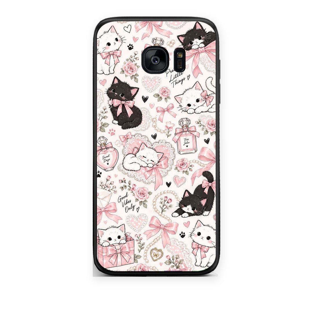 Θήκη Samsung Galaxy S7 Pink Bows and Kittens Collage από τη Smartfits με σχέδιο στο πίσω μέρος και μαύρο περίβλημα | Samsung Galaxy S7 Pink Bows and Kittens Collage case with colorful back and black bezels
