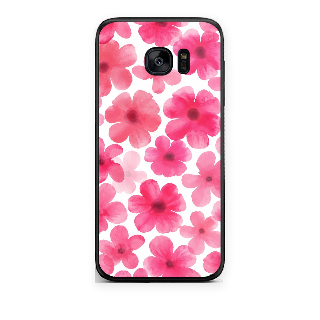 Θήκη Samsung Galaxy S7 Pink Watercolour Flowers on White από τη Smartfits με σχέδιο στο πίσω μέρος και μαύρο περίβλημα | Samsung Galaxy S7 Pink Watercolour Flowers on White case with colorful back and black bezels