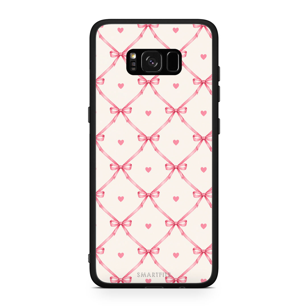 Θήκη Samsung Galaxy S8+ Pink Bow Lattice and Hearts on Cream από τη Smartfits με σχέδιο στο πίσω μέρος και μαύρο περίβλημα | Samsung Galaxy S8+ Pink Bow Lattice and Hearts on Cream case with colorful back and black bezels