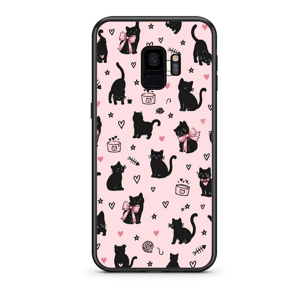 Θήκη Samsung Galaxy S9 Black Cat Doodles on Pink από τη Smartfits με σχέδιο στο πίσω μέρος και μαύρο περίβλημα | Samsung Galaxy S9 Black Cat Doodles on Pink case with colorful back and black bezels