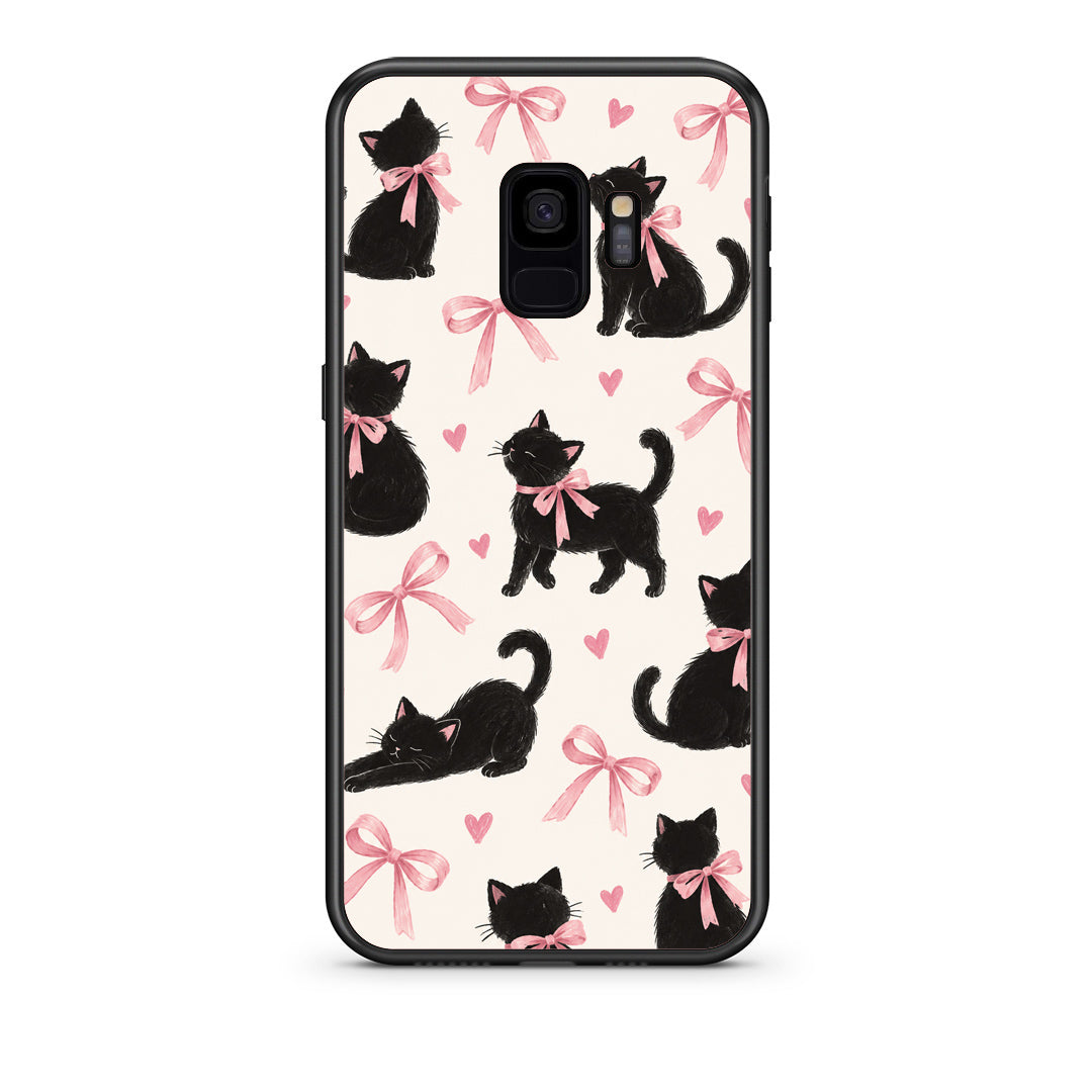 Θήκη Samsung Galaxy S9 Black Kittens and Pink Bows on Cream Large από τη Smartfits με σχέδιο στο πίσω μέρος και μαύρο περίβλημα | Samsung Galaxy S9 Black Kittens and Pink Bows on Cream Large case with colorful back and black bezels