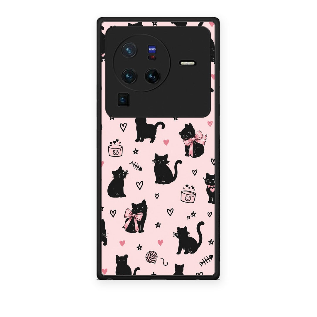 Θήκη Vivo X80 Pro 5G Black Cat Doodles on Pink από τη Smartfits με σχέδιο στο πίσω μέρος και μαύρο περίβλημα | Vivo X80 Pro 5G Black Cat Doodles on Pink case with colorful back and black bezels