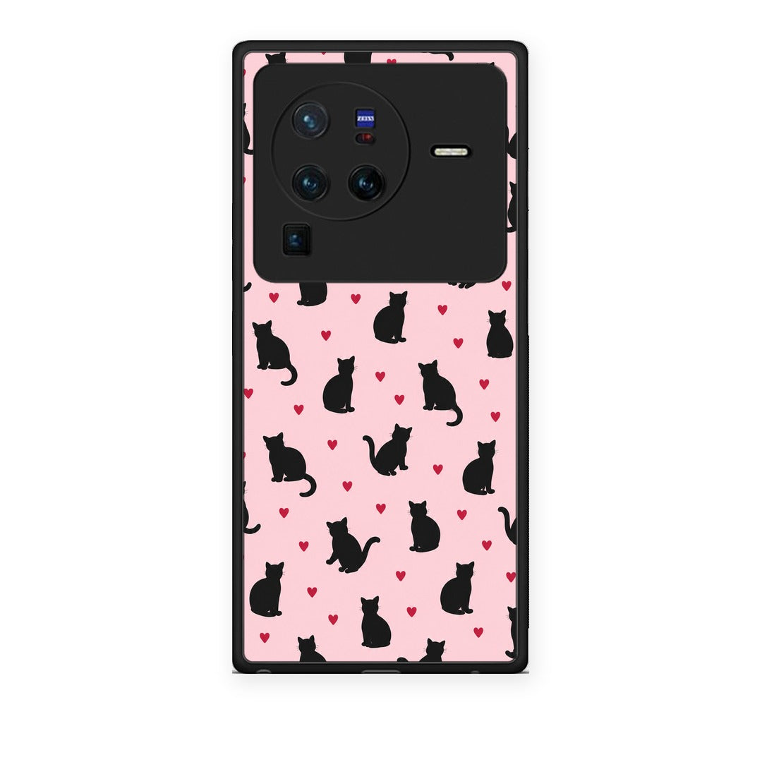 Θήκη Vivo X80 Pro 5G Black Cat Silhouettes and Hearts on Pink από τη Smartfits με σχέδιο στο πίσω μέρος και μαύρο περίβλημα | Vivo X80 Pro 5G Black Cat Silhouettes and Hearts on Pink case with colorful back and black bezels